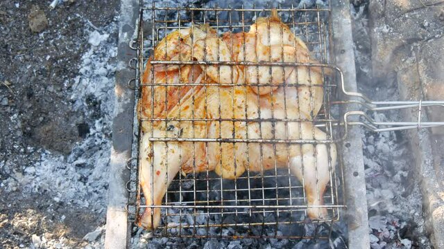 Whole juicy with spices grilled chicken tabaka or tapaka at summer picnic