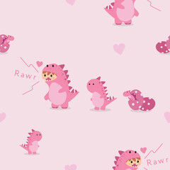 pink dino hatched from egg with another pink dinosaur walking fabric pattern