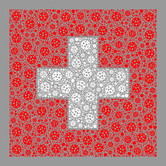 Mosaic Swiss flag constructed with viral items. Swiss flag collage is composed with scattered viral items. Vector covid collage straight Swiss flag created for health care advertisement.