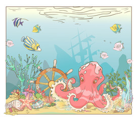 Beautiful sea scene with octopus, seaweed, wheel, sunken ship. Underwater world with sunken ship . Vector illustration. Background for children book