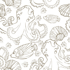 Seamless pattern with hand drawn octopus, sea fish and shells. Vector illustration. Page of coloring book