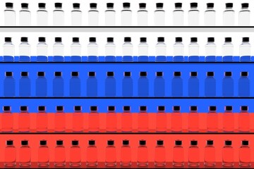 Fototapeta premium Vaccine bottles and flag of Russia. Vaccination related conceptual 3D rendering