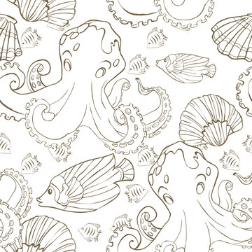 Seamless pattern with hand drawn octopus, sea fish and shells. Vector illustration. Page of coloring book