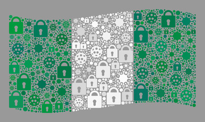 Mosaic covid lockdown waving Nigeria flag created with locks and Covid-2019 items. Vector mosaic waving Nigeria flag organized for epidemic advertisement.