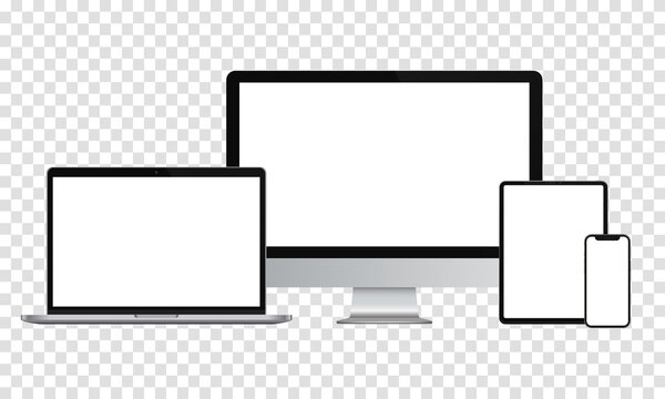 Device screen mockup. Smartphone, tablet, laptop and monitor, with blank screen for you design. Vector EPS10