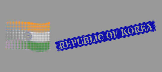 Pixelated halftone waving India flag icon, and Republic of Korea grunge rectangle stamp seal. Vector halftone pattern of windy India flag icon organized of spheric items.