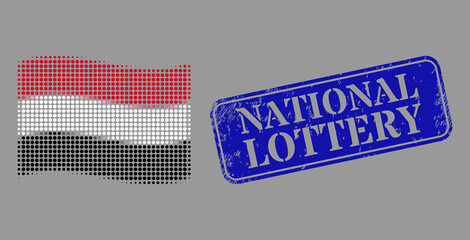 Pixelated halftone waving Yemen flag icon, and National Lottery dirty rectangle seal print. Vector halftone concept of waving Yemen flag icon made of round points.