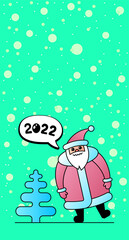 Cute cartoon funny kawaii Santa Claus character for Christmas and Happy New year 2022 celebration. Spruce and winter snow holiday greeting card for blogger story banner. Vector illustration