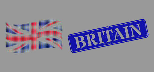 Pixel halftone waving Great Britain flag icon, and Britain textured rectangular seal print. Vector halftone collage of waving Great Britain flag icon constructed of round items.
