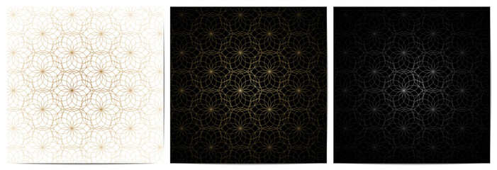   Set of abstract geometric seamless circle simple lines floral pattern luxury of black,white,and gold background