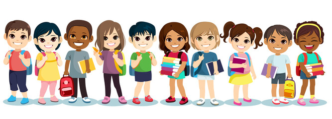 Cute little diverse children students with books and schoolbags ready back to school