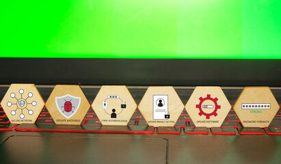 A picture of hexagon wooden cut with icon to improve cybersecurity threat.