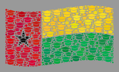 Mosaic waving Guinea-Bissau flag designed of professor hat icons. Student vector mosaic waving Guinea-Bissau flag organized for academic illustrations.