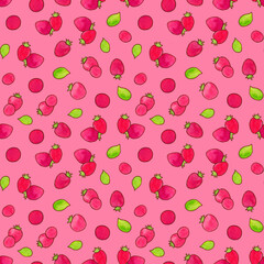 Seamless pattern with strawberries and leaves on a pink background. The illustration is drawn in watercolor by hand.