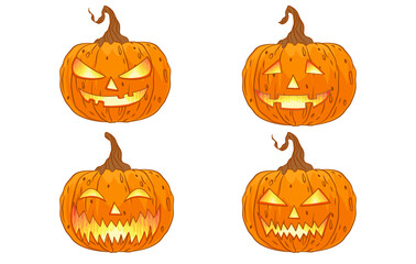 Scary spooky smile pumpkin jack o lantern with creepy tooth’s. Traditional decoration symbols of Halloween holiday celebrations. Vector illustrations isolate pattern on background.