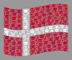 Mosaic waving Denmark flag designed with student cap elements. School vector mosaic waving Denmark flag combined for intelligence advertisement.