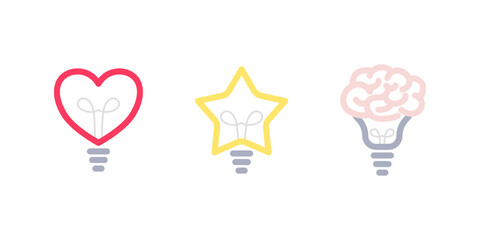 Żarówka - zestaw trzech ikon do projektów - serce, gwiazda i mózg. Symbol pomysłu, rozwiązania, myślenia, wiedzy, nauki. Wersja w kolorze. Ilustracja wektorowa