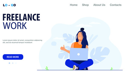 Freelance concept. freelancer remote work girl character working with laptop. vector flat template for web landing