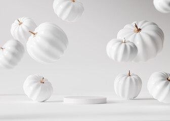 3D Halloween background pedestal podium on white, flying, levitating pumpkin display with gold. Jack o lantern showcase, beauty cosmetic, product promotion. Abstract banner, spooky luxury 3D render 