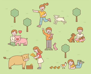 Children who love animals. vegetarian life. Children happily running outdoors with animals. flat design style minimal vector illustration.