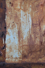 Old light blue painted grey rusty rustic rust iron metal frame background texture, vertical aged damaged weathered scratched framed plain paint patch plate, grunge pattern copy space macro closeup