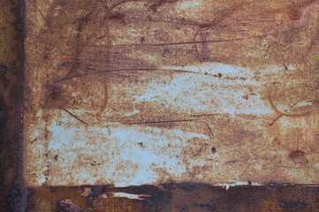 Old light blue painted grey rusty rustic rust iron metal frame background texture, horizontal aged damaged weathered scratched framed plain paint patch plate, grunge pattern copy space macro closeup