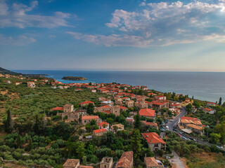 Aerial view of the wonderful seaside village of Kardamyli, Greece located in the Messenian Mani area. It is one of the most beautiful places to visit in Greece, Europe