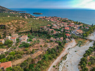 Fototapeta na wymiar Aerial view of the wonderful seaside village of Kardamyli, Greece located in the Messenian Mani area. It is one of the most beautiful places to visit in Greece, Europe