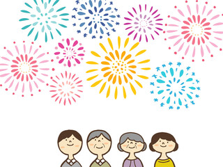 かわいい打上花火と家族／手書きイラスト