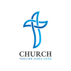 Christian Church Abstract Blue Logo Design with Cross