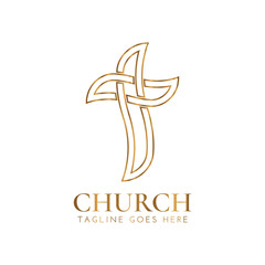Fototapeta premium Christian Church Outline Gold Logo Design with Cross