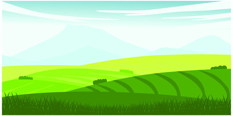 Beautiful summer fields landscape with a dawn, green hills, bright color blue sky, mountain background in flat cartoon style banner.