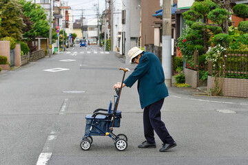 道路を横断する高齢者の女性。An elderly woman crossing the road. - obrazy, fototapety, plakaty