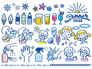 手描き風 水彩タッチ サマーwithコロナ セット