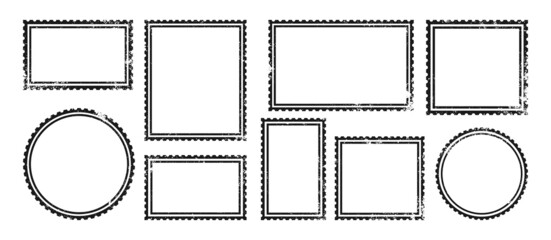 Postage stamp grunge empty frame set. Blank banners vintage icon border postmark pack. Document package, letter insignia round, square stamp. Template imprints symbol delivery correspondence label