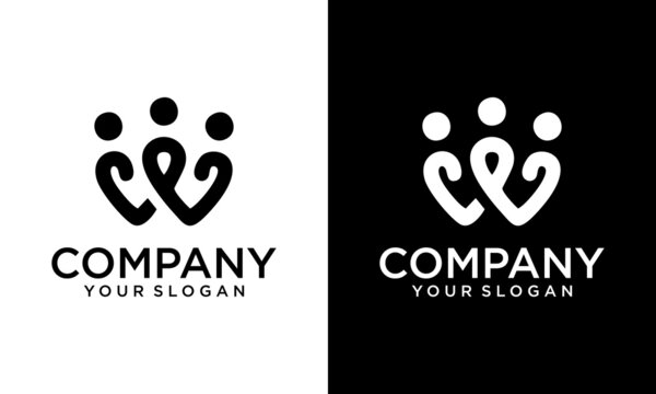 W letter community care Logo template vector icon. W 3 people logo minimalist in white and black background