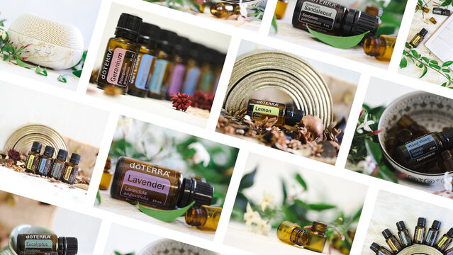Pyramid Hill, Victoria Australia - July 20 2021 : Collage image featuring variety of essential oils and products