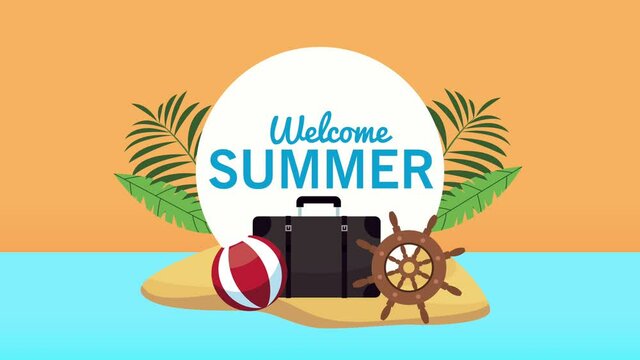 welcome summer label on seascape scene with trees palms