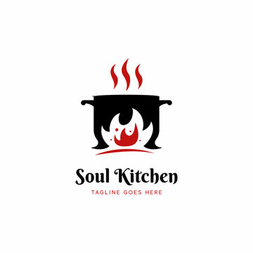 Soul Kitchen Hot Pot Restaurant Logo Icon With Big Red Fire Flame