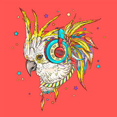 Beautiful kakadu parrot  in bright headphones. Illustration in a hand-drawn style. Stylish image for printing on any surface © Вера Михеева