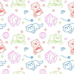 Fun Fat Cat Playing Eating Seamless Pattern Texture Background Wrapping