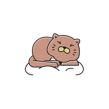 Fat Cat Happy Sit Sleeping on Pillow Flat Cartoon Mascot Illustration