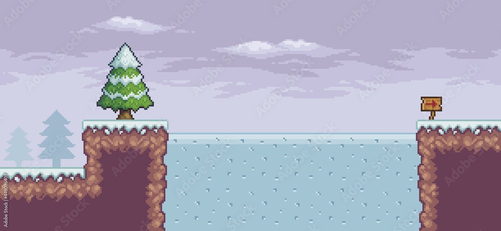 Poster pixel art game scene in snow with pine trees, frozen lake, clouds, indicative arrow 8 bit background