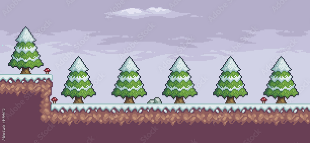 Poster pixel art game scene in snow with pine trees, clouds, 8 bit background