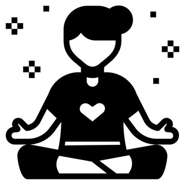meditation glyph icon - a woman in a lotus pose with a heart in her hands