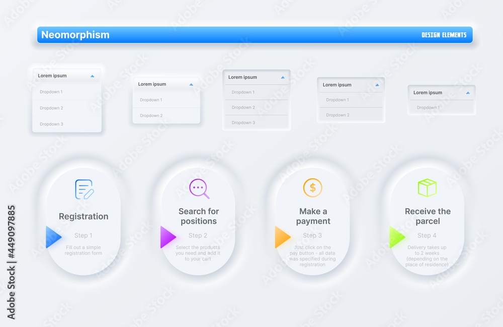 Poster Neomorphic Ui user interface buttons, search and switchers. Web page, mobile app design elements, vector registration, payment and delivery widgets buttons with shadow and bevel, drop-down windows