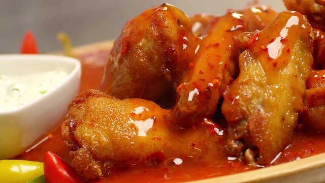 4K Bowl of buffalo wings with red and spicy sauce . Hot sauce pouring on chicken wings. Liquid pepper sauce pouring on chicken juicy meat into restaurant . Shot on RED Cinema camera in slow motion .  