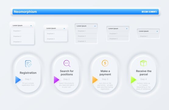 Neomorphic Ui user interface buttons, search and switchers. Web page, mobile app design elements, vector registration, payment and delivery widgets buttons with shadow and bevel, drop-down windows