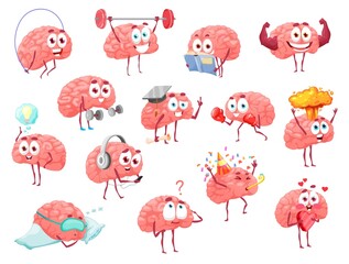 Cartoon brain characters, brainstorm, health, sport and leisure activity vector set. Cute mascot with funny face exercising with barbell, has great idea, hold heart. Happy emotions, fun isolated set