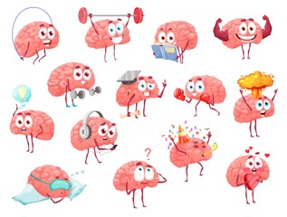 Cartoon brain characters, brainstorm, health, sport and leisure activity vector set. Cute mascot with funny face exercising with barbell, has great idea, hold heart. Happy emotions, fun isolated set